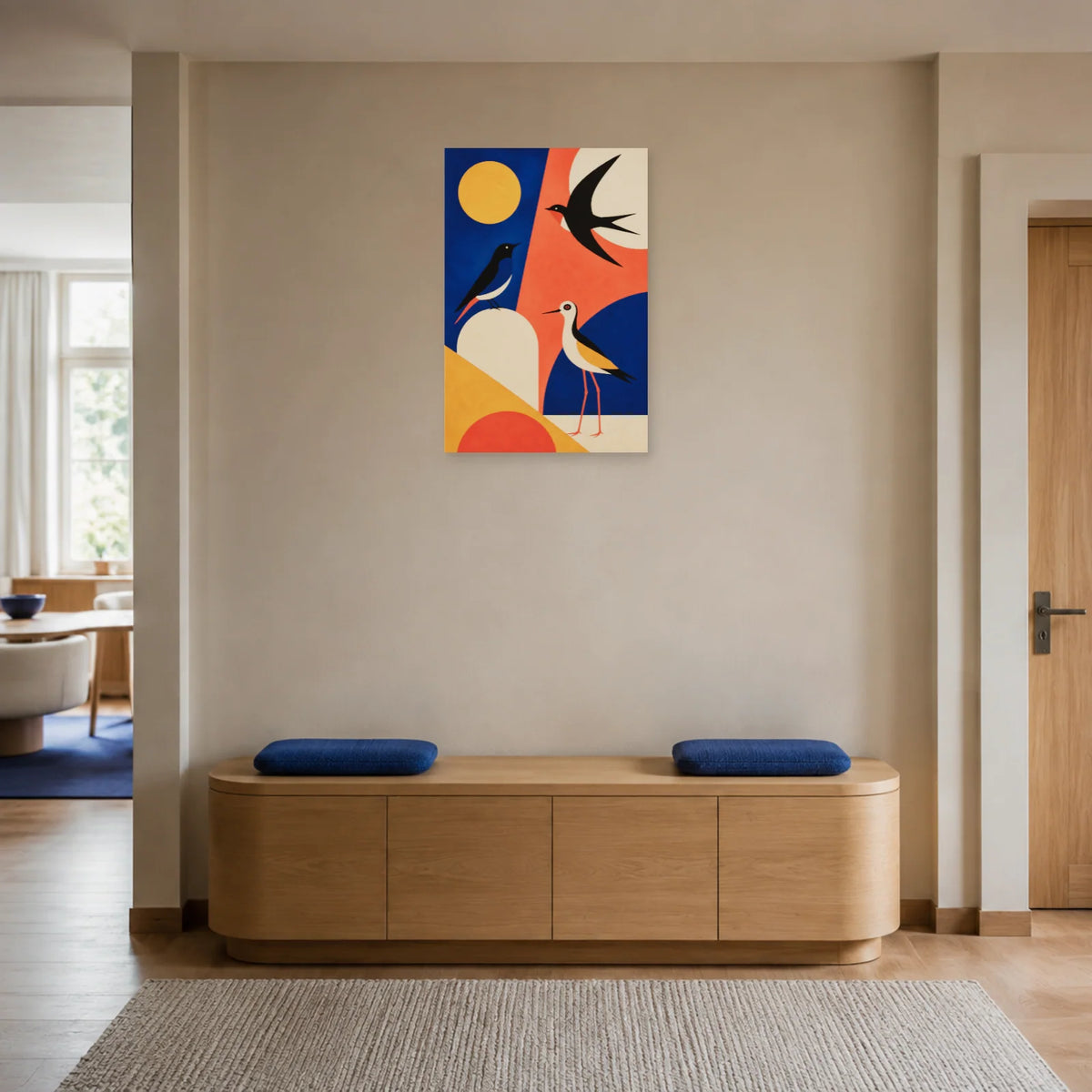Affiche Oiseaux modernes cobalt et corail dans une entrée ou un couloir - Art Virtuoso