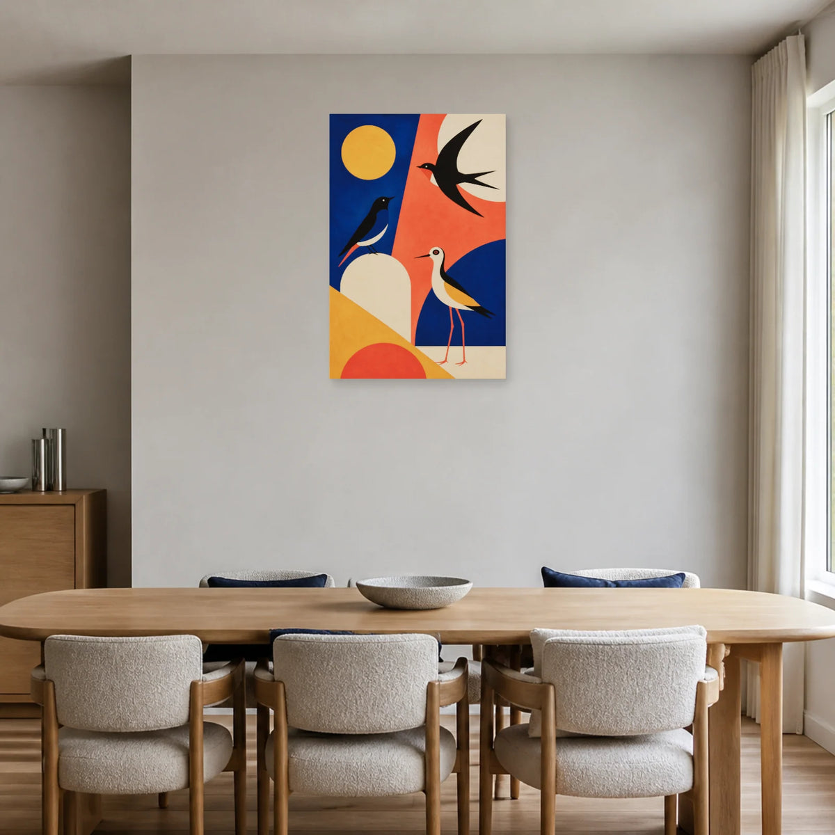 Affiche Oiseaux modernes cobalt et corail dans une salle à manger - Art Virtuoso