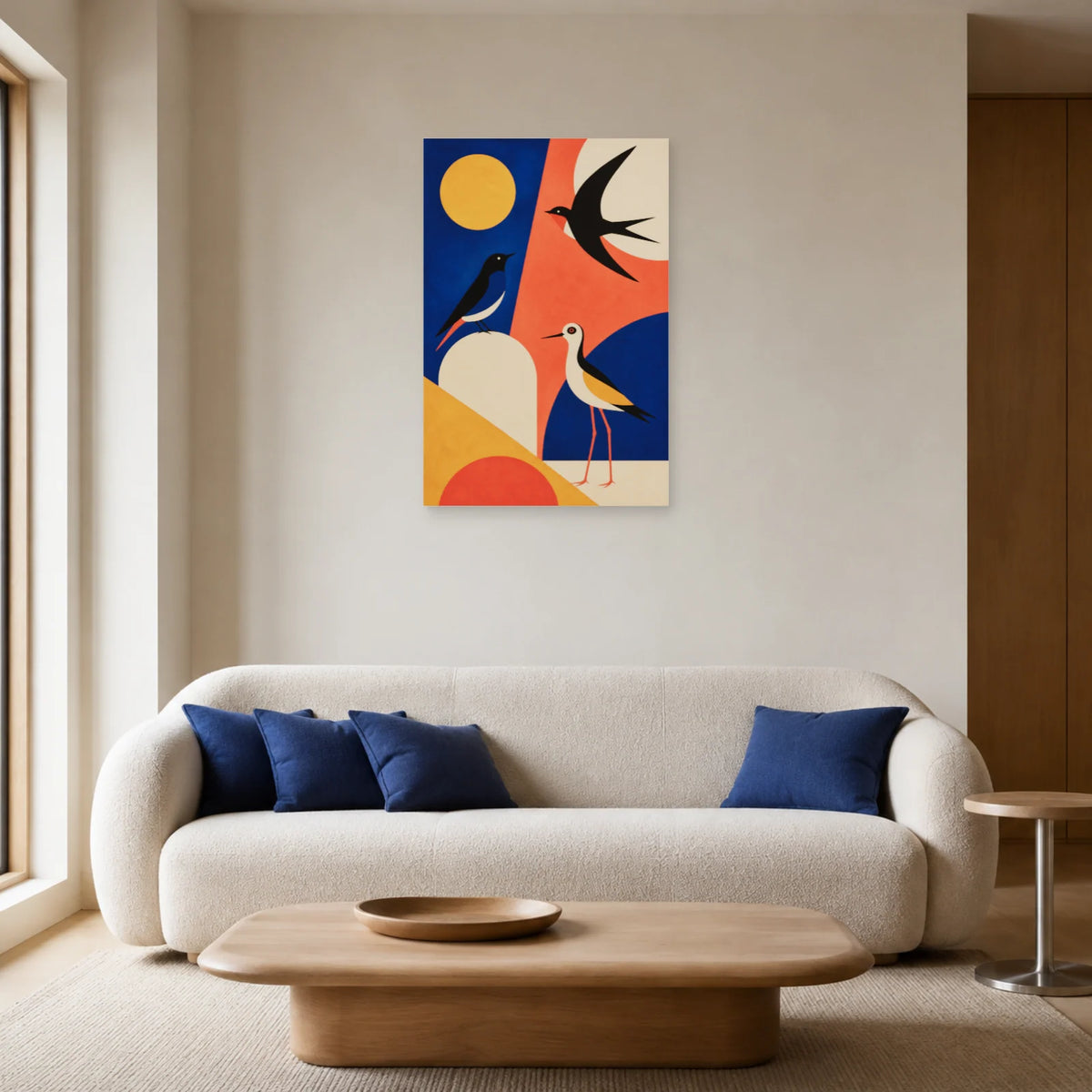 Affiche Oiseaux modernes cobalt et corail dans un salon - Art Virtuoso
