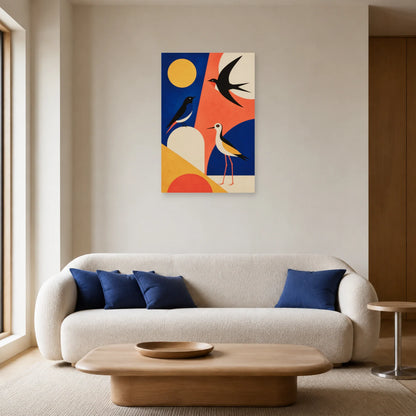 Affiche Oiseaux modernes cobalt et corail dans un salon - Art Virtuoso