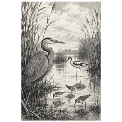 Affiche Oiseaux et roseaux noir et blanc, gravure naturaliste détaillée en noir et blanc verticale, format 30 × 45 cm