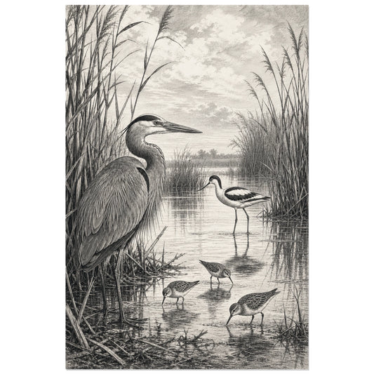 Affiche Oiseaux et roseaux noir et blanc, gravure naturaliste détaillée en noir et blanc verticale, format 30 × 45 cm