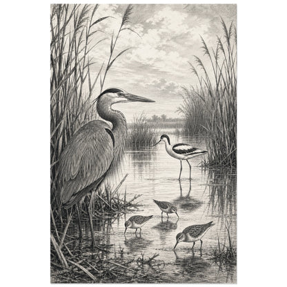 Affiche Oiseaux et roseaux noir et blanc, gravure naturaliste détaillée en noir et blanc verticale, format 40 × 60 cm