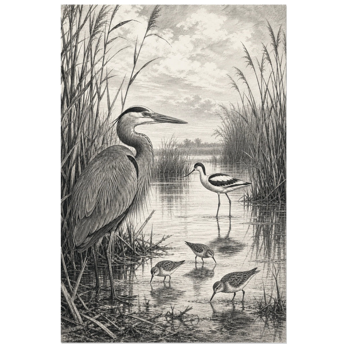 Affiche Oiseaux et roseaux noir et blanc, gravure naturaliste détaillée en noir et blanc verticale, format 60 × 90 cm