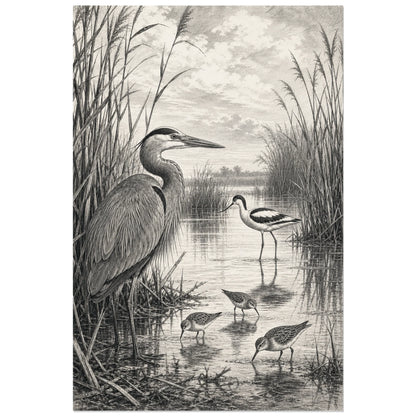 Affiche Oiseaux et roseaux noir et blanc, gravure naturaliste détaillée en noir et blanc verticale, format 60 × 90 cm