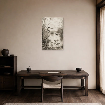 Affiche Oiseaux et roseaux noir et blanc dans un bureau - Art Virtuoso