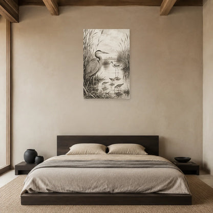 Affiche Oiseaux et roseaux noir et blanc dans une chambre - Art Virtuoso