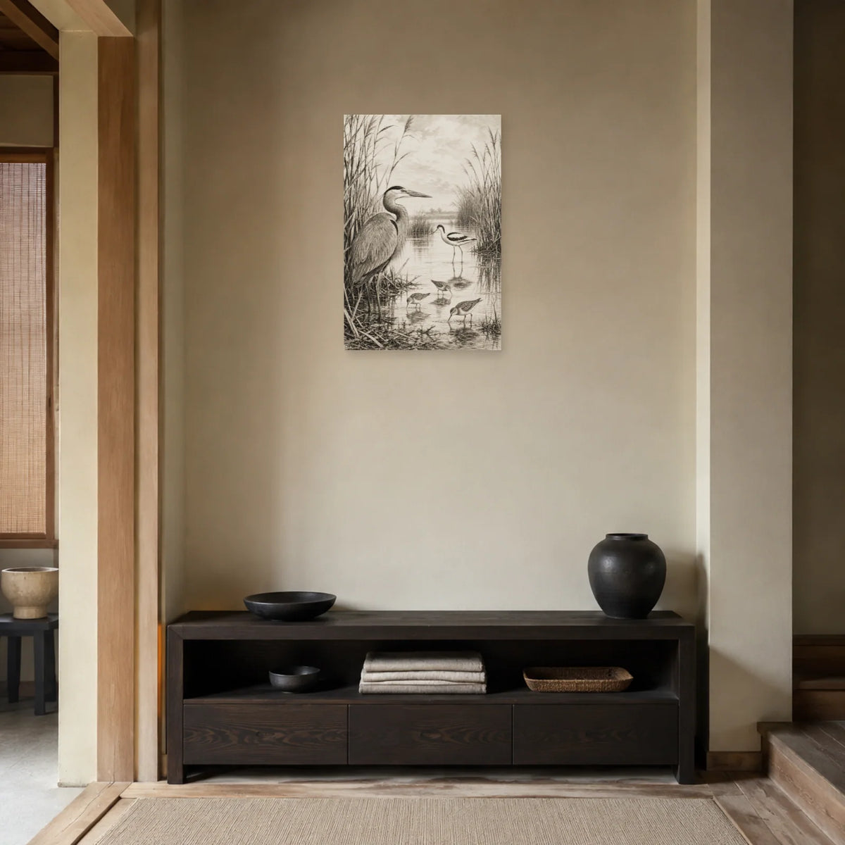 Affiche Oiseaux et roseaux noir et blanc dans une entrée ou un couloir - Art Virtuoso