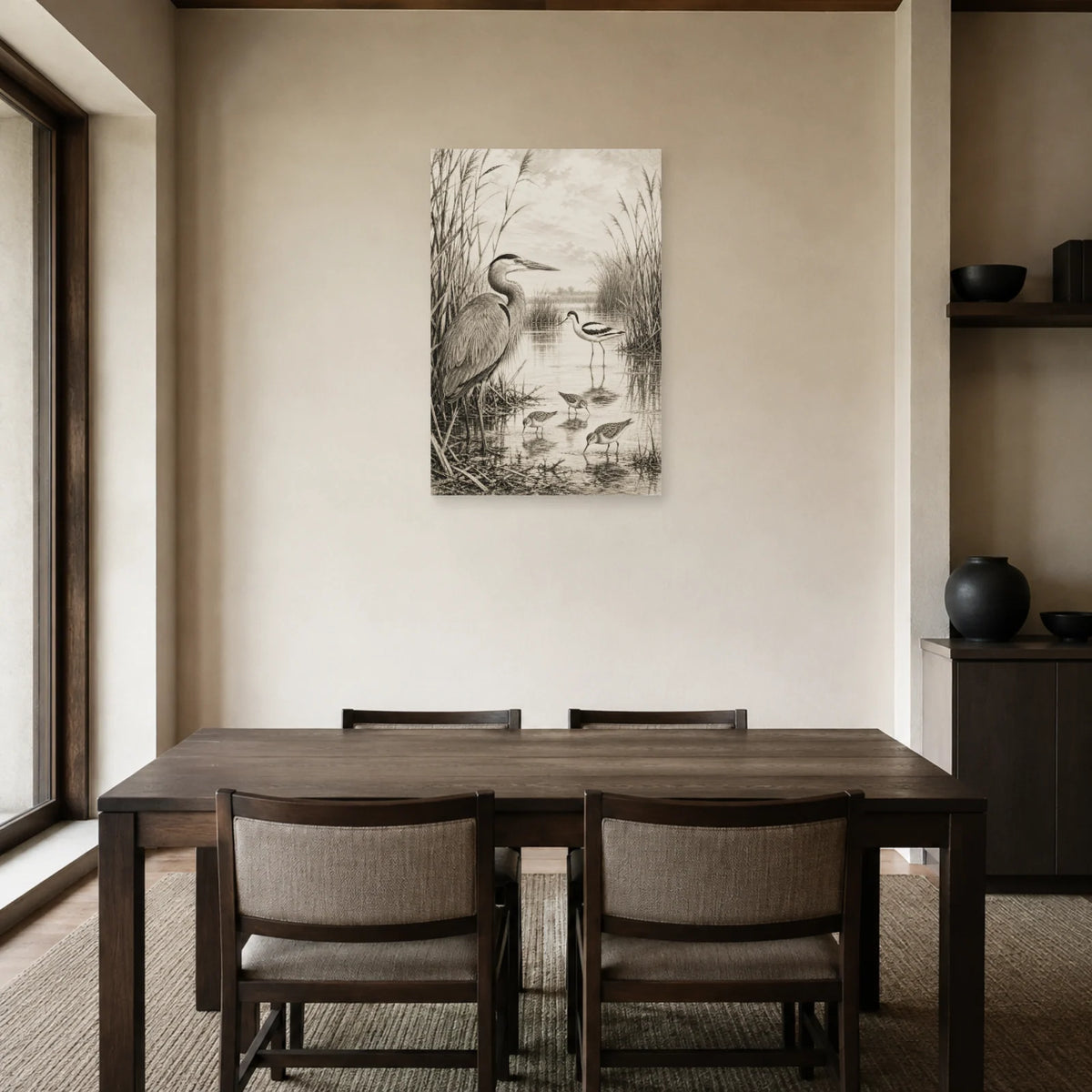Affiche Oiseaux et roseaux noir et blanc dans une salle à manger - Art Virtuoso