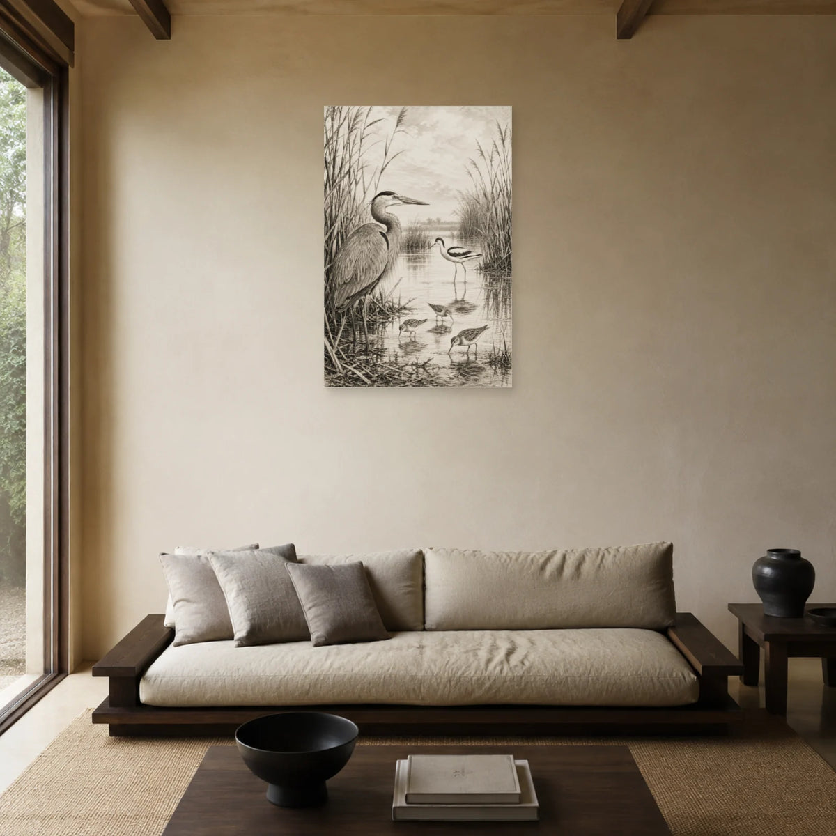 Affiche Oiseaux et roseaux noir et blanc dans un salon - Art Virtuoso