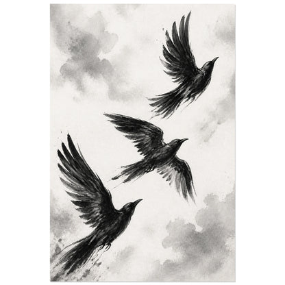 Affiche Oiseaux en vol noir et blanc, peinture gestuelle monochrome à l’encre et au pinceau sec verticale, format 30 × 45 cm