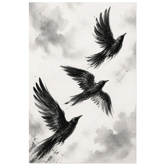 Affiche Oiseaux en vol noir et blanc, peinture gestuelle monochrome à l’encre et au pinceau sec verticale, format 30 × 45 cm