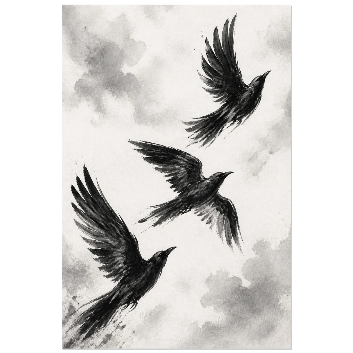 Affiche Oiseaux en vol noir et blanc, peinture gestuelle monochrome à l’encre et au pinceau sec verticale, format 60 × 90 cm