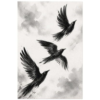 Affiche Oiseaux en vol noir et blanc, peinture gestuelle monochrome à l’encre et au pinceau sec verticale, format 60 × 90 cm
