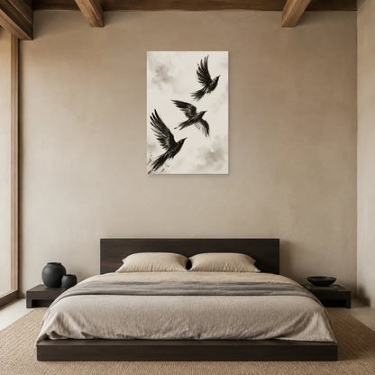 Affiche Oiseaux en vol noir et blanc dans une chambre - Art Virtuoso