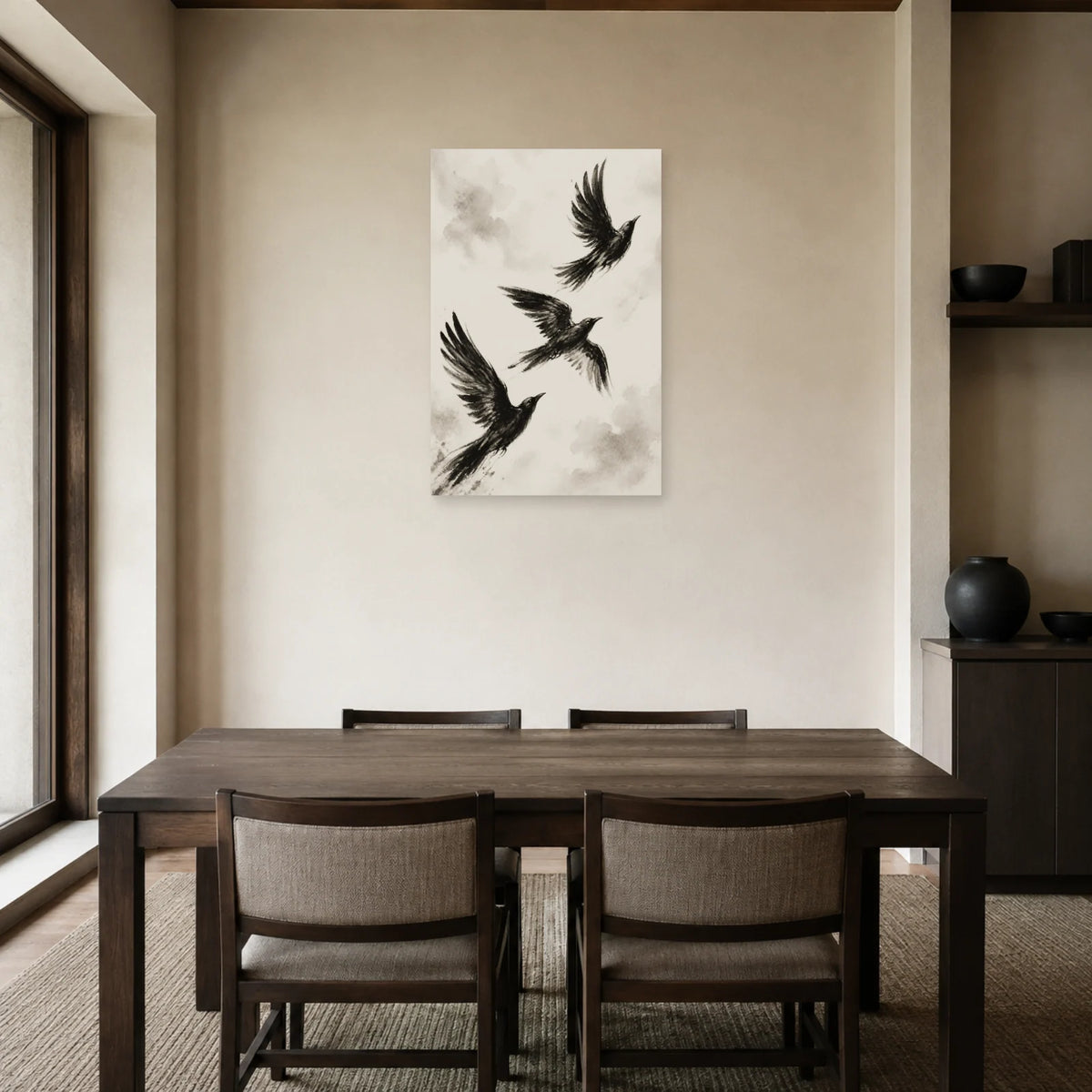 Affiche Oiseaux en vol noir et blanc dans une salle à manger - Art Virtuoso