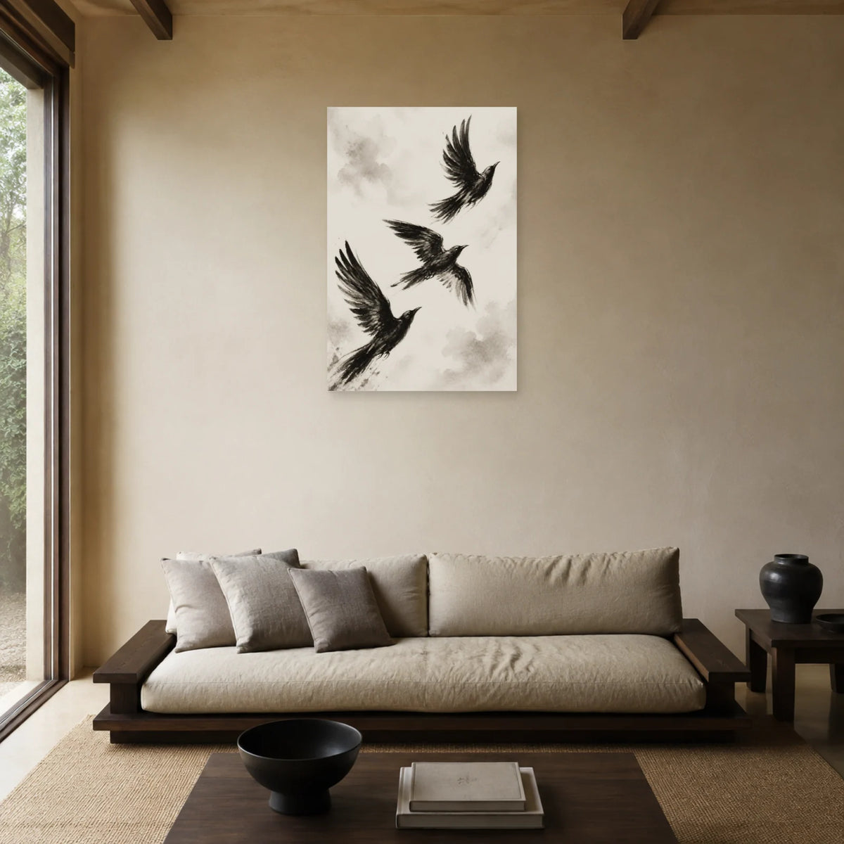 Affiche Oiseaux en vol noir et blanc dans un salon - Art Virtuoso