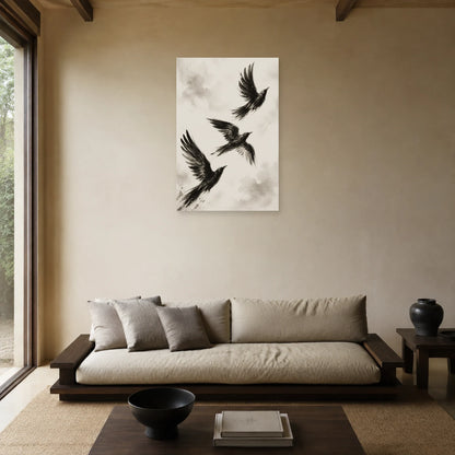 Affiche Oiseaux en vol noir et blanc dans un salon - Art Virtuoso