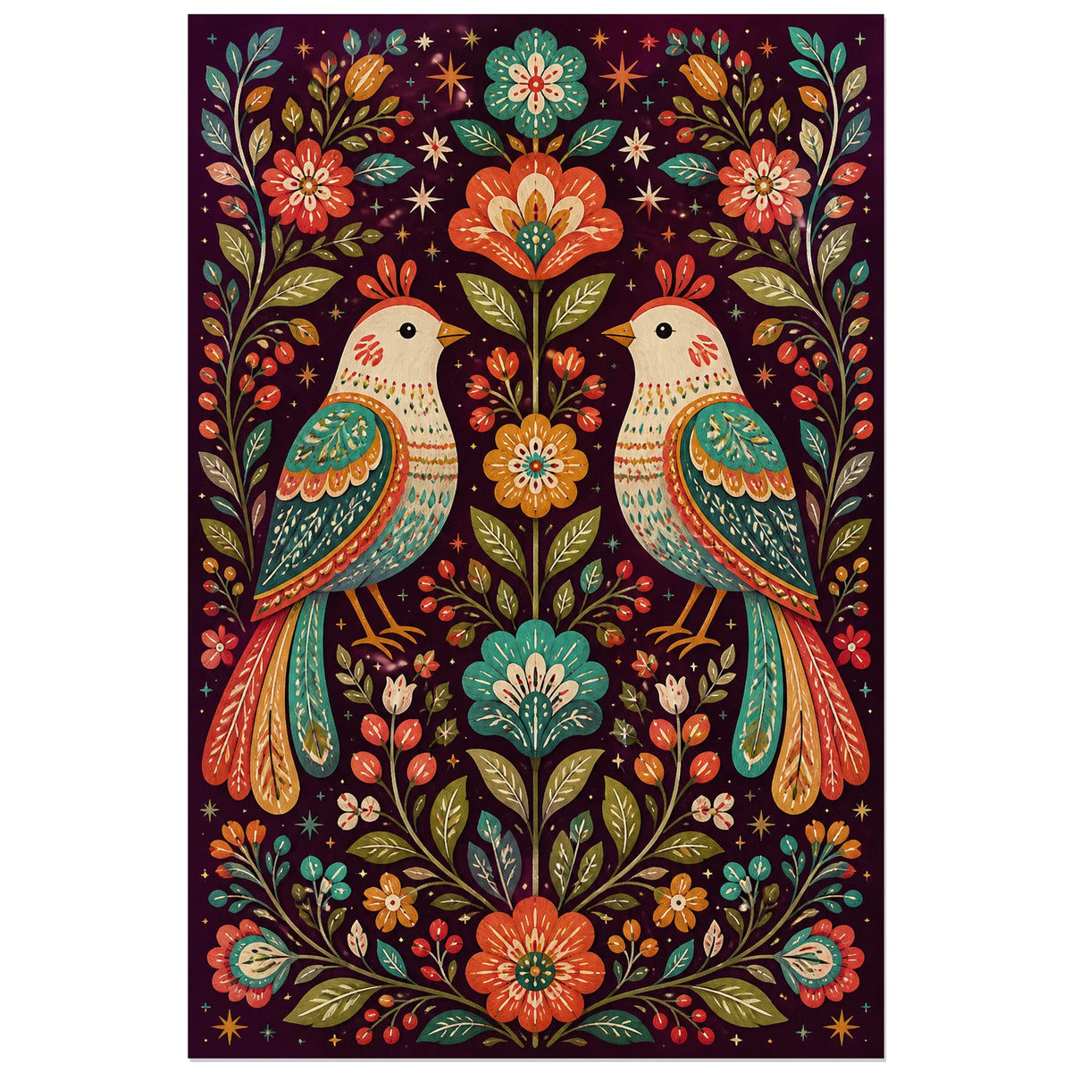 Affiche Oiseaux stylisés folk, illustration folk européenne aux motifs peints comme une broderie verticale, format 30 × 45 cm