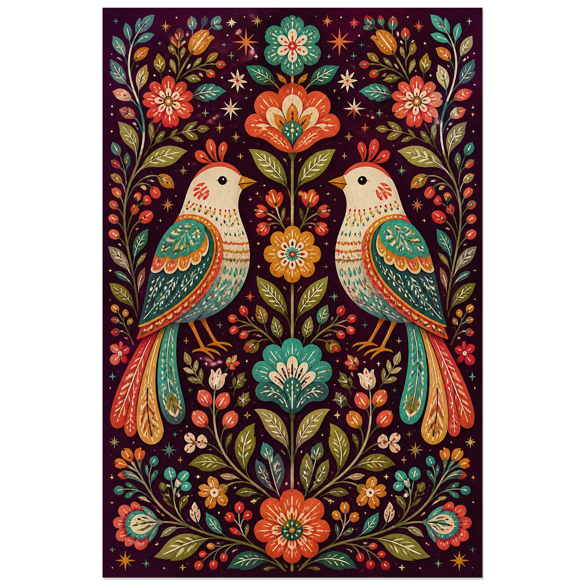 Affiche Oiseaux stylisés folk, illustration folk européenne aux motifs peints comme une broderie verticale, format 40 × 60 cm
