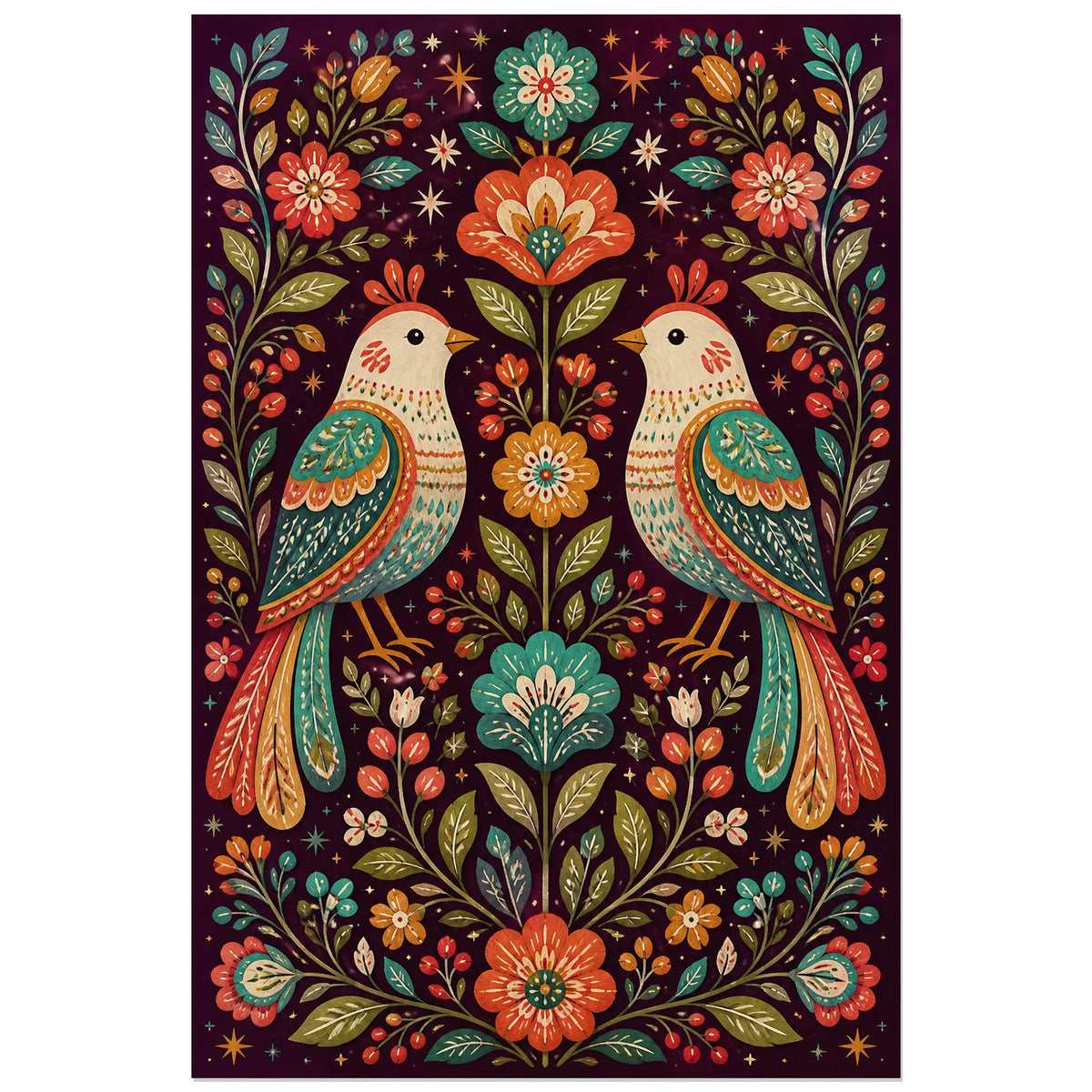 Affiche Oiseaux stylisés folk, illustration folk européenne aux motifs peints comme une broderie verticale, format 60 × 90 cm