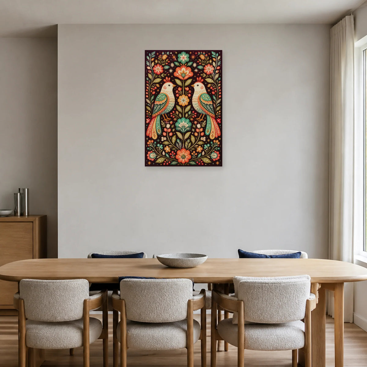 Affiche Oiseaux stylisés folk dans une salle à manger - Art Virtuoso