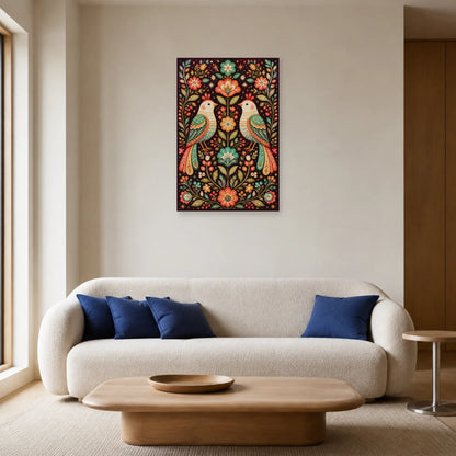 Affiche Oiseaux stylisés folk dans un salon - Art Virtuoso