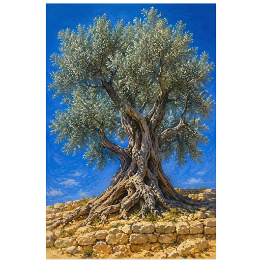 Affiche Olivier ancien – Méditerranée, gouache méditerranéenne / peinture botanique verticale, format 30 × 45 cm
