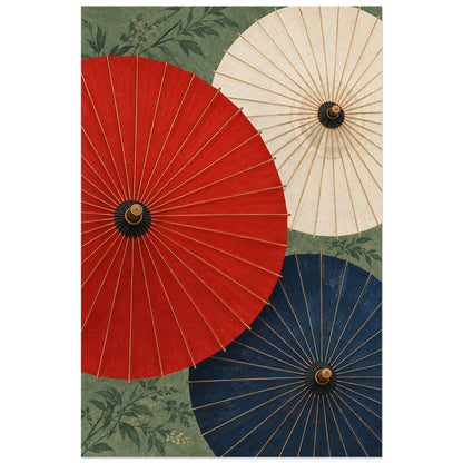 Affiche Ombrelles japonaises - Rouge et indigo, illustration décorative / composition graphique verticale, format 30 × 45 cm