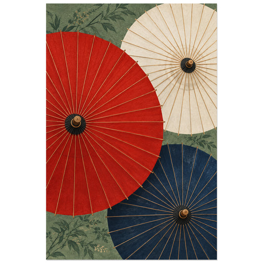 Affiche Ombrelles japonaises - Rouge et indigo, illustration décorative / composition graphique verticale, format 30 × 45 cm