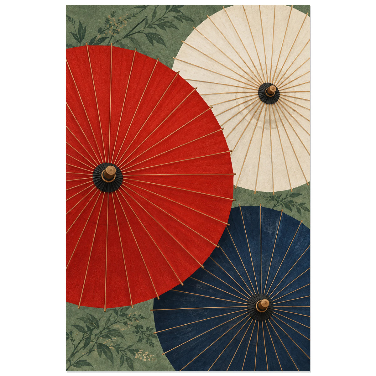 Affiche Ombrelles japonaises - Rouge et indigo, illustration décorative / composition graphique verticale, format 60 × 90 cm