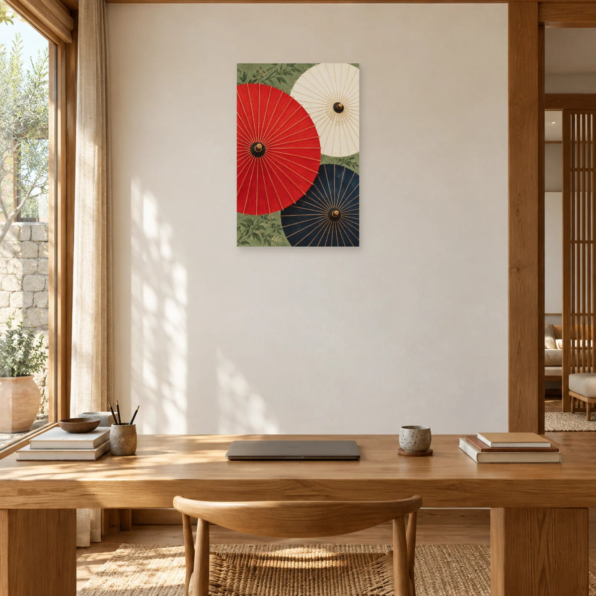 Affiche Ombrelles japonaises - Rouge et indigo dans un bureau - Art Virtuoso