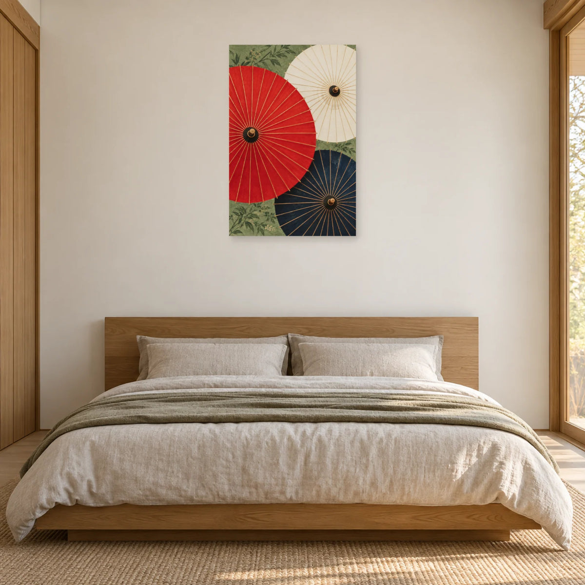 Affiche Ombrelles japonaises - Rouge et indigo dans une chambre - Art Virtuoso