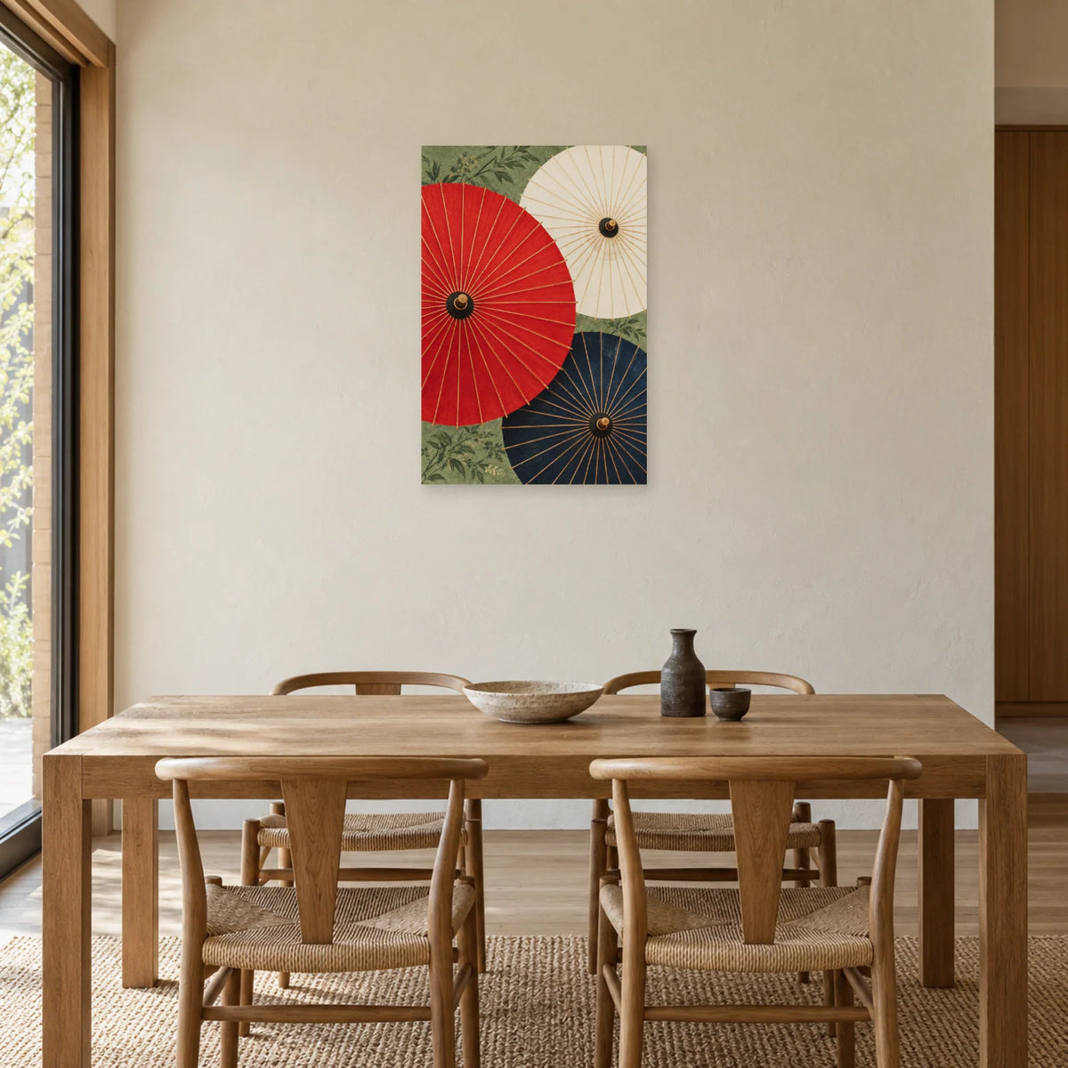 Affiche Ombrelles japonaises - Rouge et indigo dans une salle à manger - Art Virtuoso