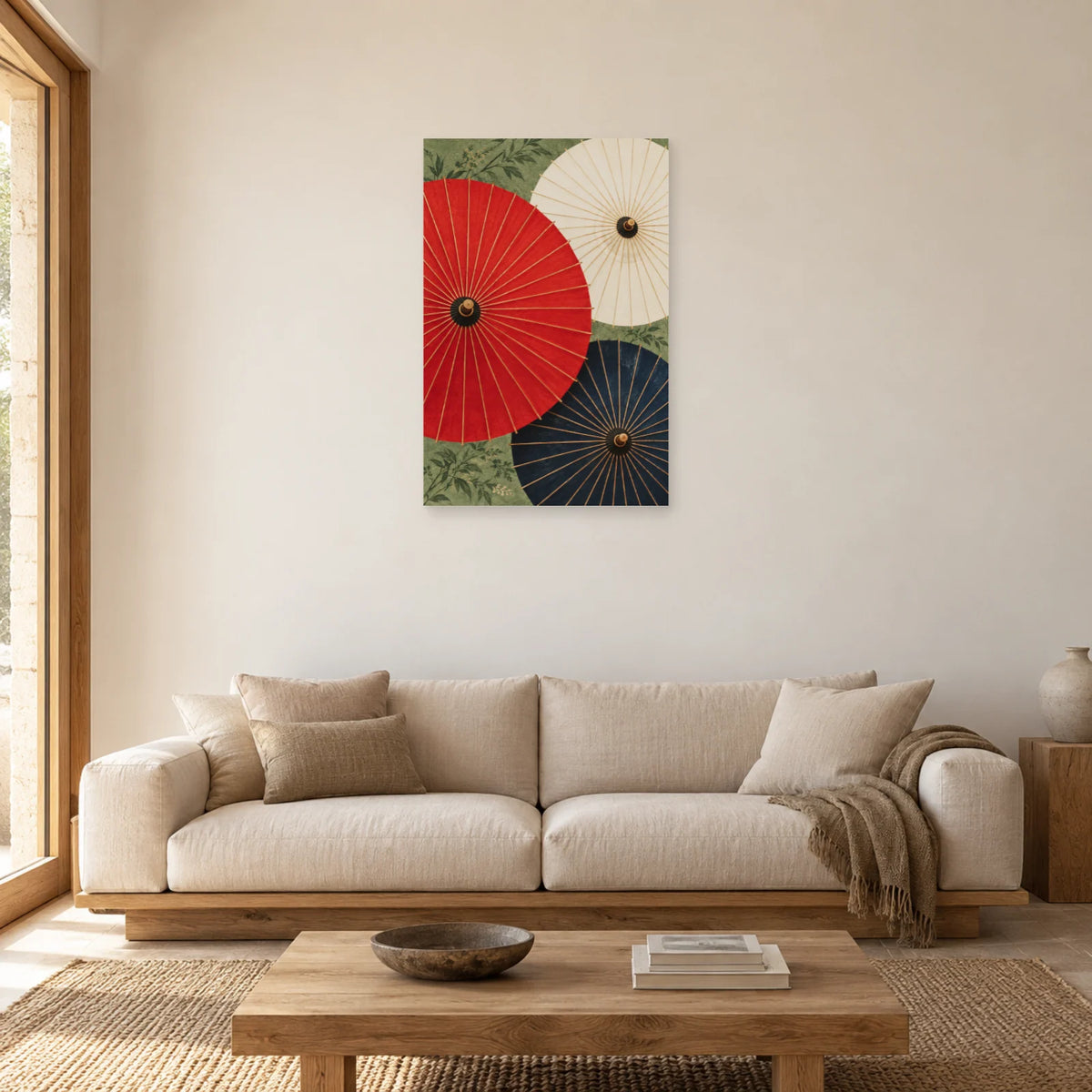Affiche Ombrelles japonaises - Rouge et indigo dans un salon - Art Virtuoso