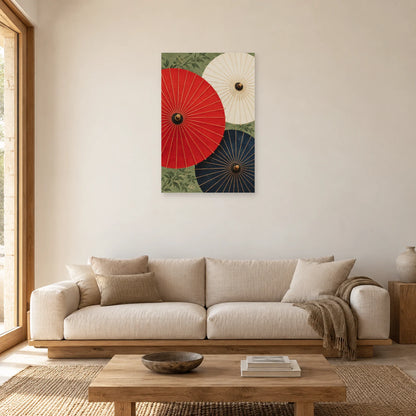 Affiche Ombrelles japonaises - Rouge et indigo dans un salon - Art Virtuoso