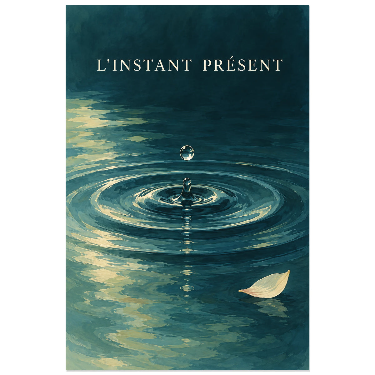 Goutte suspendue au-dessus d'ondes sur l'eau bleu pétrole, affiche 30 × 45 cm