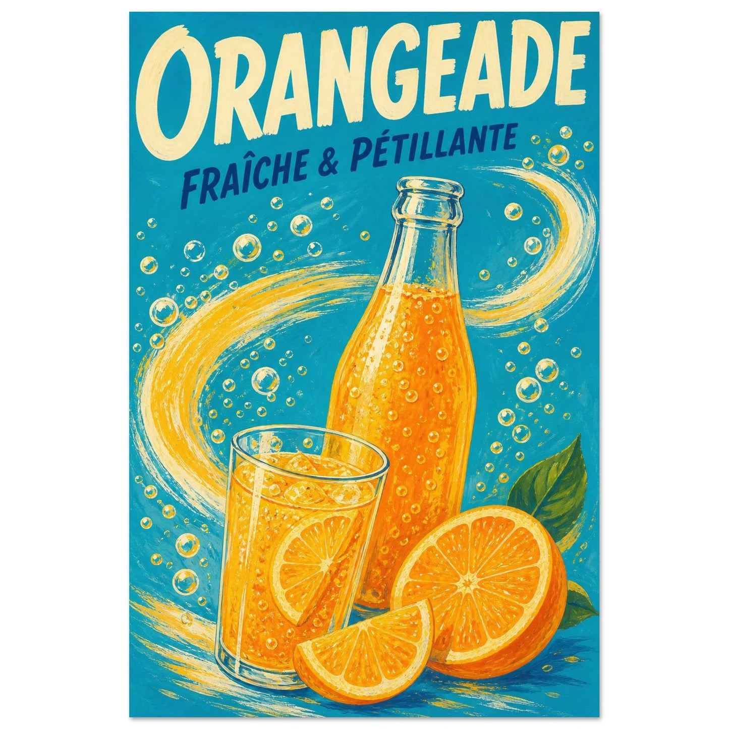 Affiche Orangeade – Fraîche & Pétillante, illustration éditoriale verticale, format 30 × 45 cm