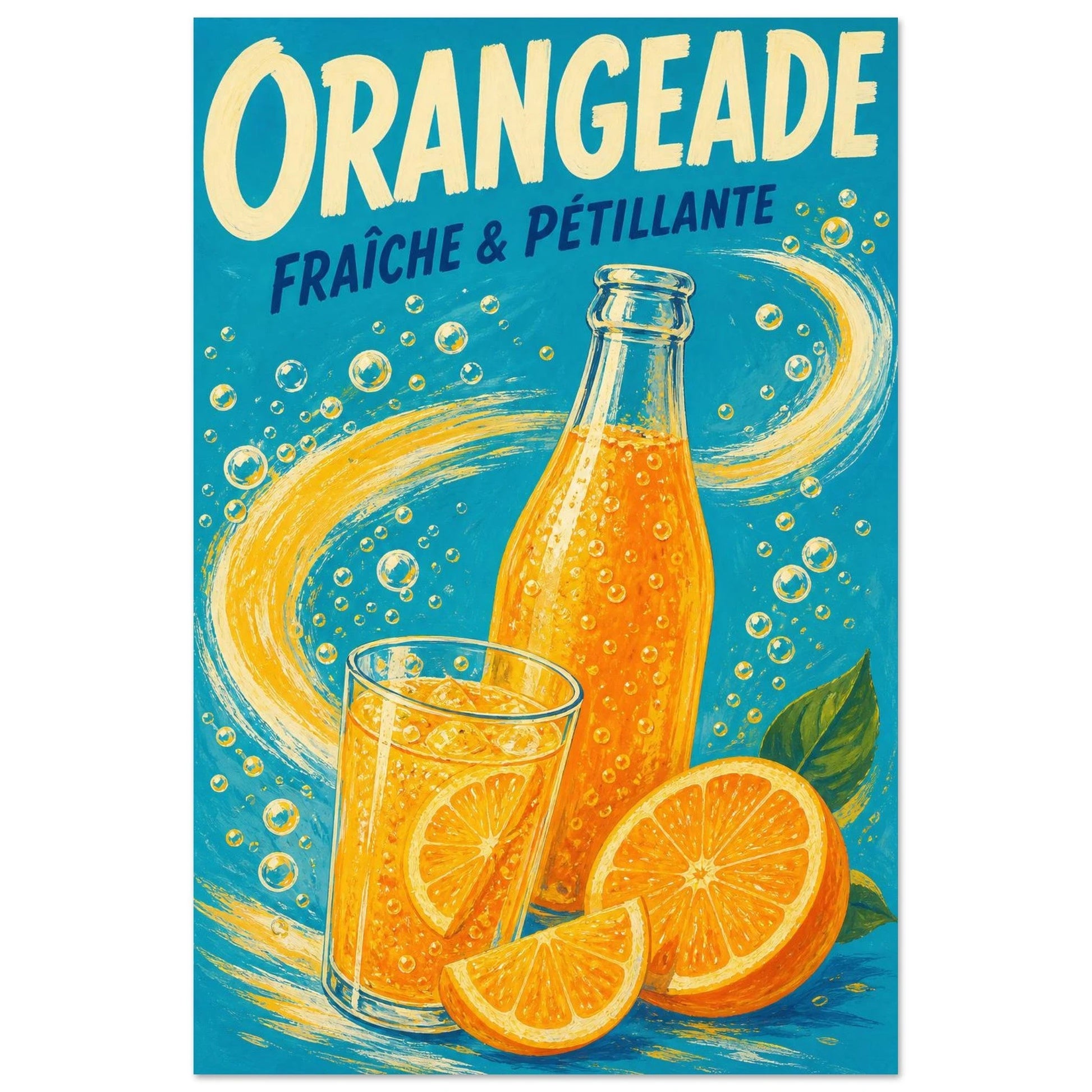 Affiche Orangeade – Fraîche & Pétillante, illustration éditoriale verticale, format 30 × 45 cm