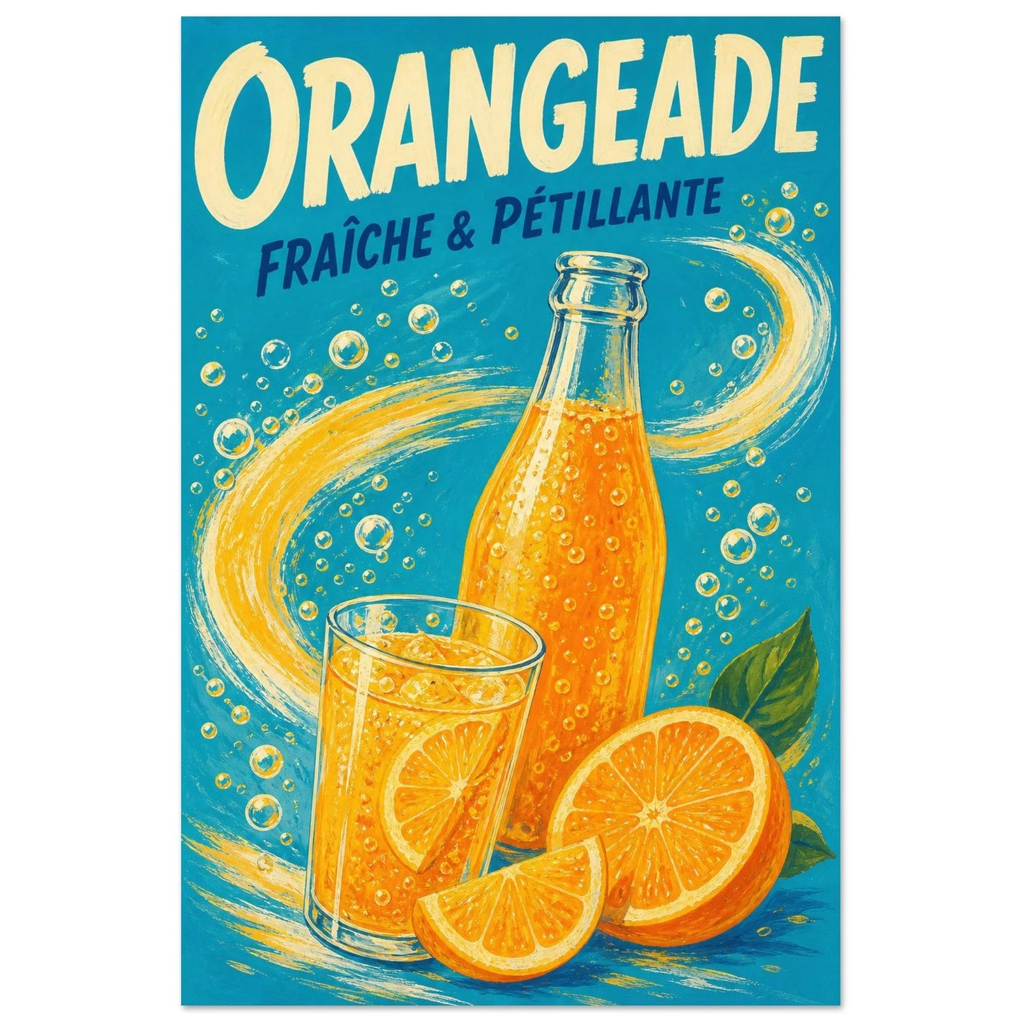 Affiche Orangeade – Fraîche & Pétillante, illustration éditoriale verticale, format 60 × 90 cm