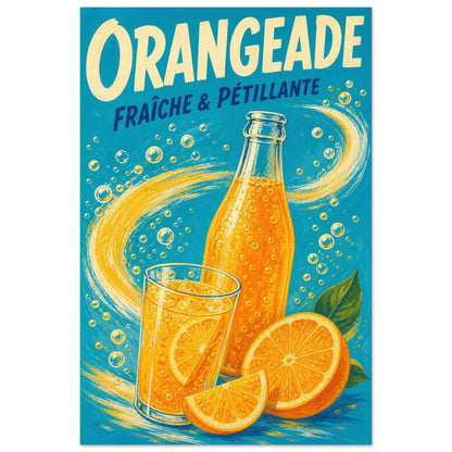 Affiche Orangeade – Fraîche & Pétillante, illustration éditoriale verticale, format 60 × 90 cm