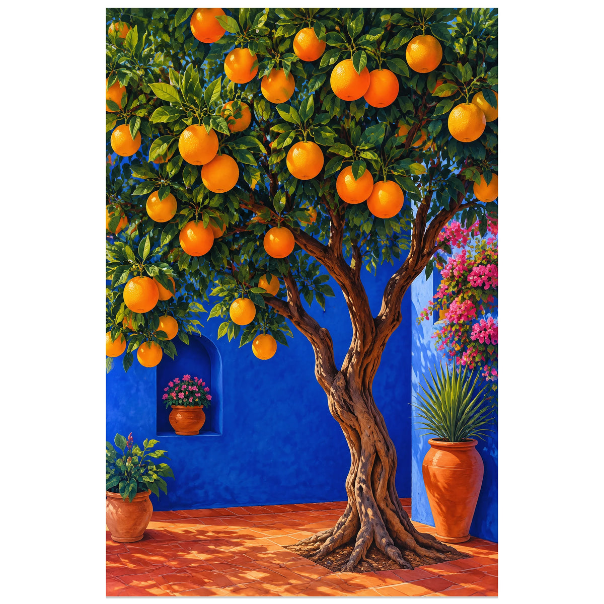 Affiche Oranger – Jardin cobalt, illustration méditerranéenne / gouache botanique verticale, format 30 × 45 cm