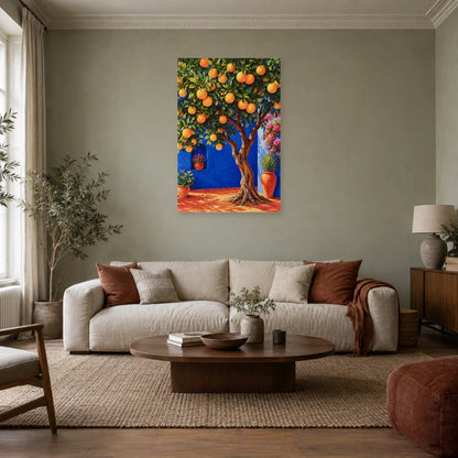 Affiche Oranger – Jardin cobalt dans un salon - Art Virtuoso