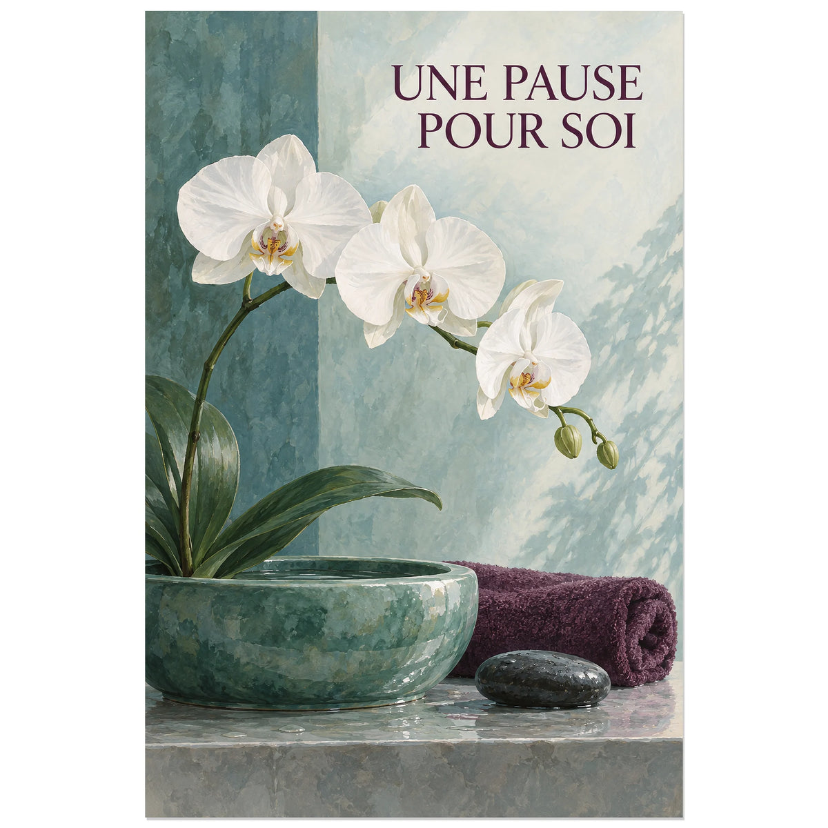 Nature morte spa d'orchidées et accessoires sur pierre, visuel 60 × 90 cm