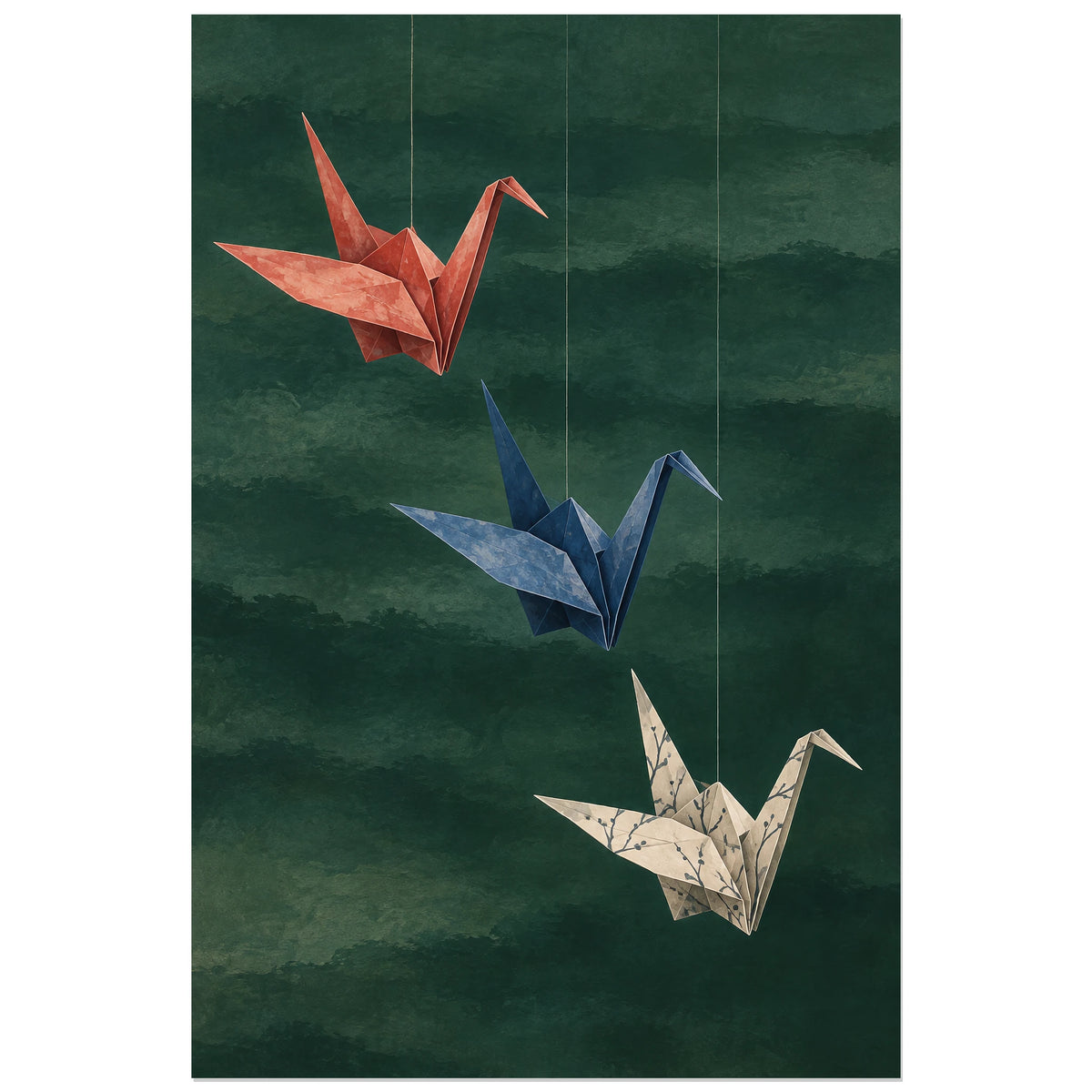 Affiche Origami - Trois grues de papier, illustration de papier plié / composition décorative verticale, format 30 × 45 cm