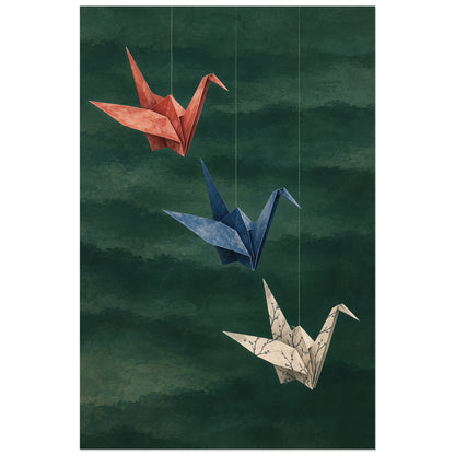 Affiche Origami - Trois grues de papier, illustration de papier plié / composition décorative verticale, format 30 × 45 cm