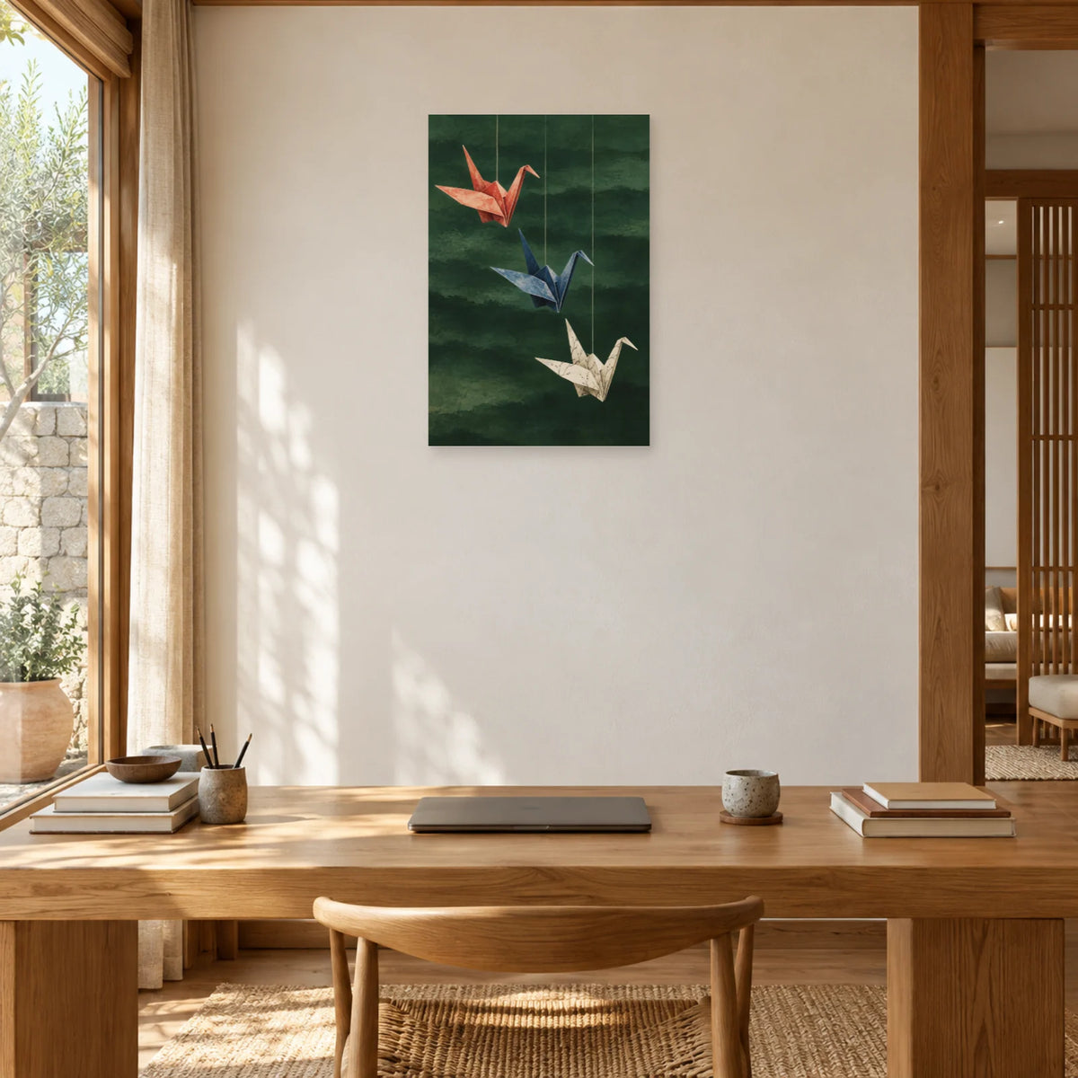 Affiche Origami - Trois grues de papier dans un bureau - Art Virtuoso