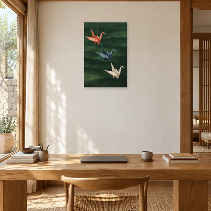 Affiche Origami - Trois grues de papier dans un bureau - Art Virtuoso