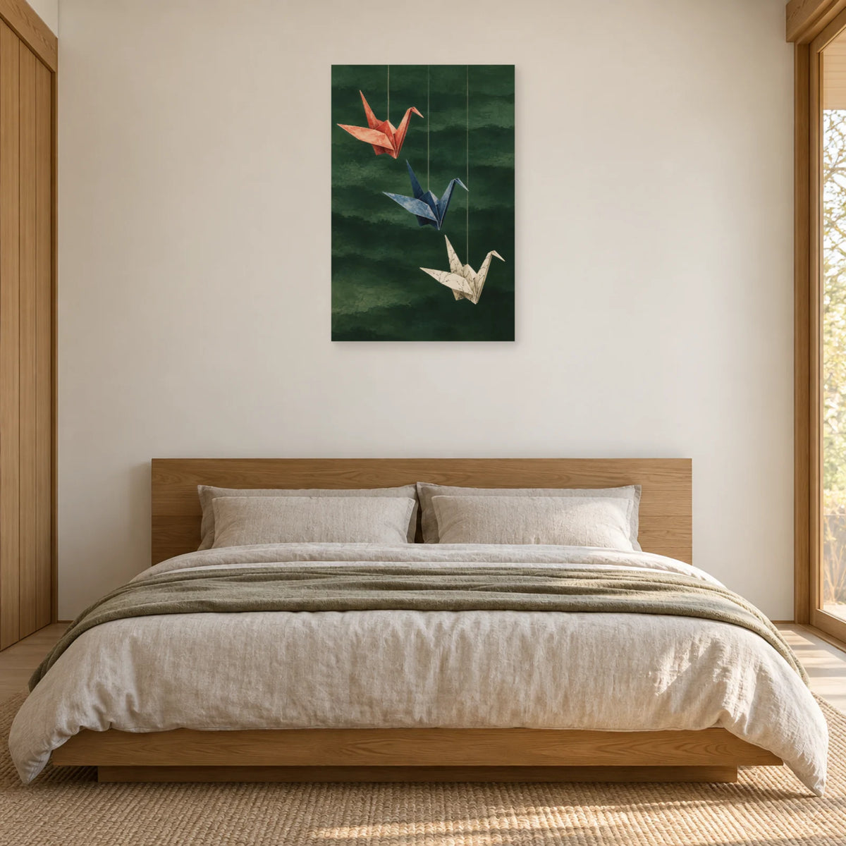 Affiche Origami - Trois grues de papier dans une chambre - Art Virtuoso