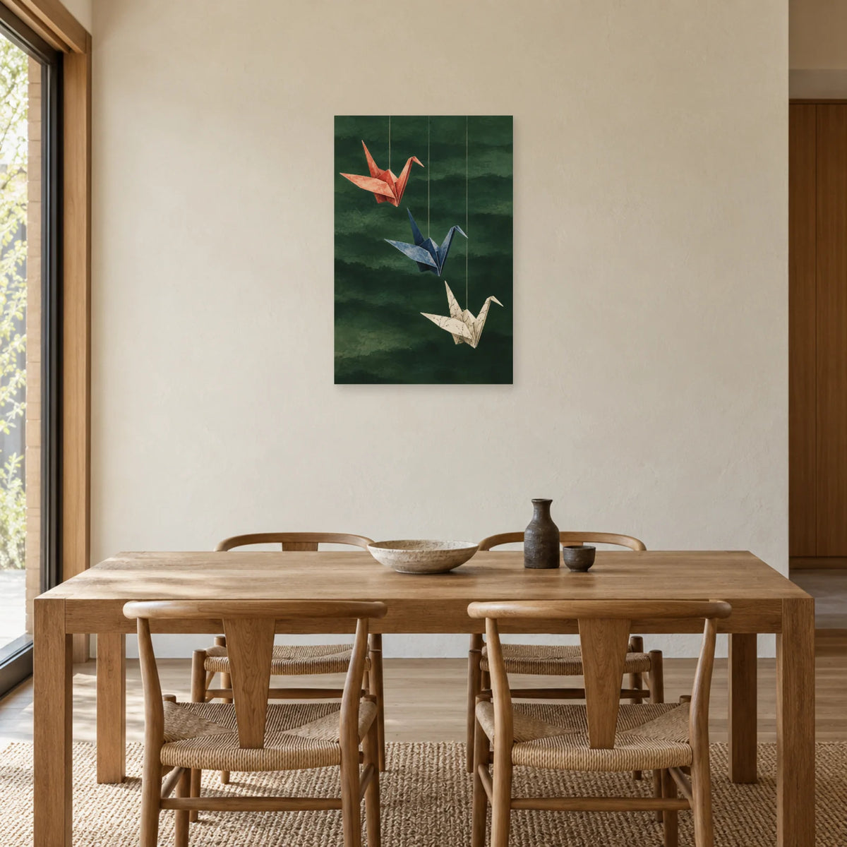 Affiche Origami - Trois grues de papier dans une salle à manger - Art Virtuoso